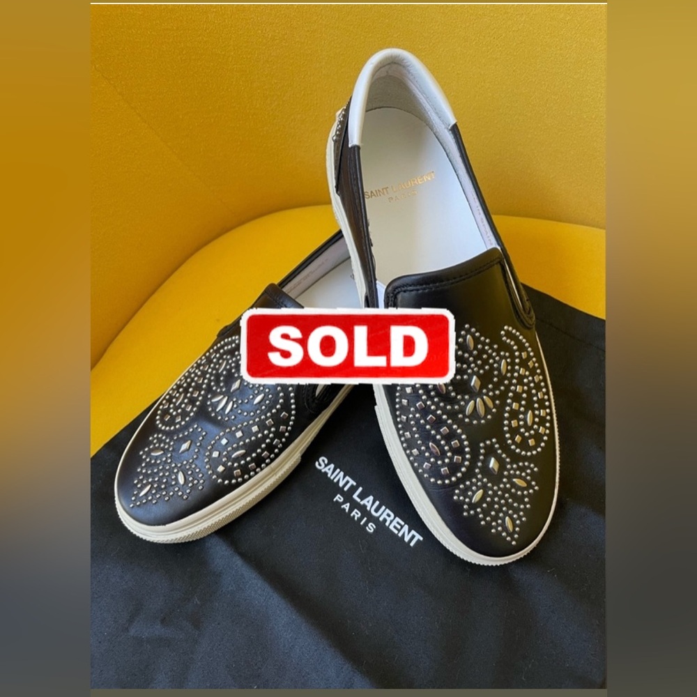 Authentic Saint Laurent Bandana Studded Leather Skate Shoe, Noir, Size 34 1/2